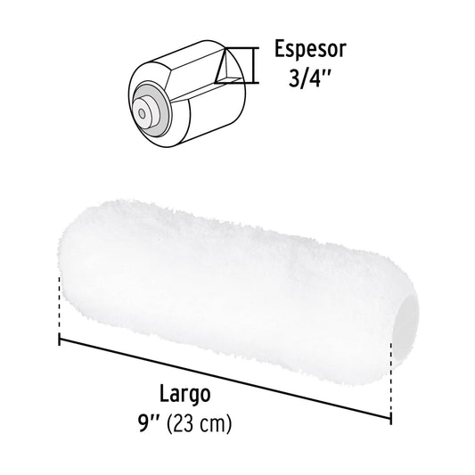 Felpa para rodillo, 9 x 3/4", superficies rugosas, pretul