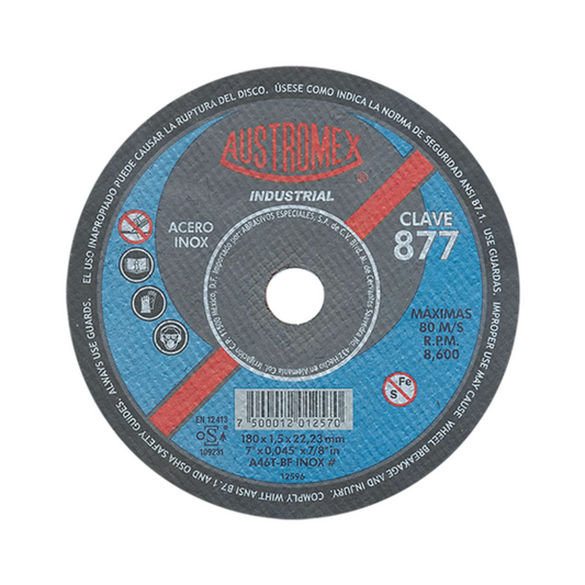 2041-Disco Abrasivo De 180 X 1.5 X 22.23 Mm Para Corte De Acero Inoxidable 877 Austromex