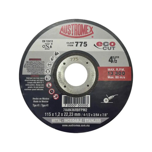 2033-Disco Abrasivo Para Corte De Acero Al Carbón Inoxidable Y Metales De 115 X 1.2 X 22.23 Mm 775 Austromex