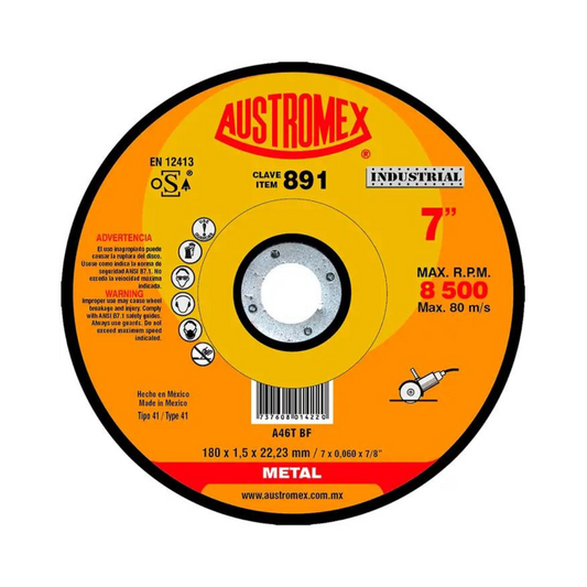 2037-Disco Abrasivo Para Corte De Aluminio Bronce Latón O Cualquier Metal No Ferroso De 115 X 1.5 X 22.23 Mm 892 Austromex